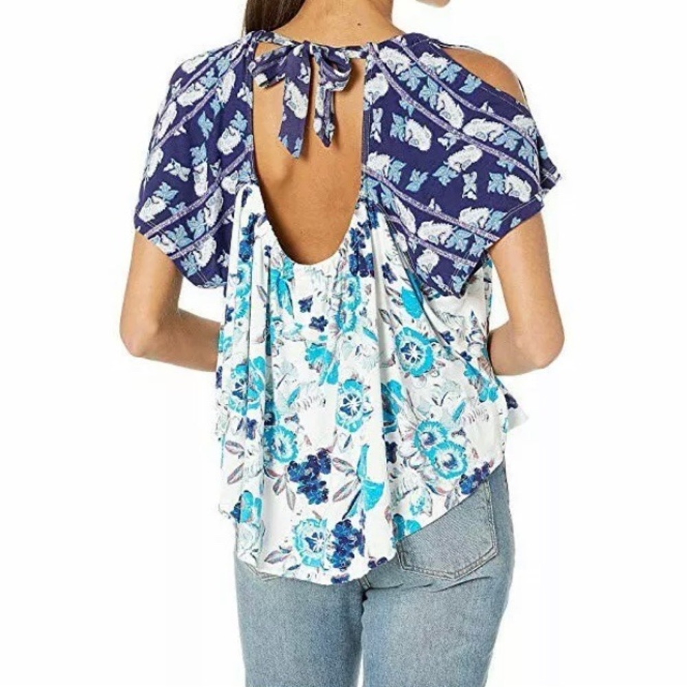 Free People Blue White Baja Babe Open Back with Tie Soft Cold Shoulder Top